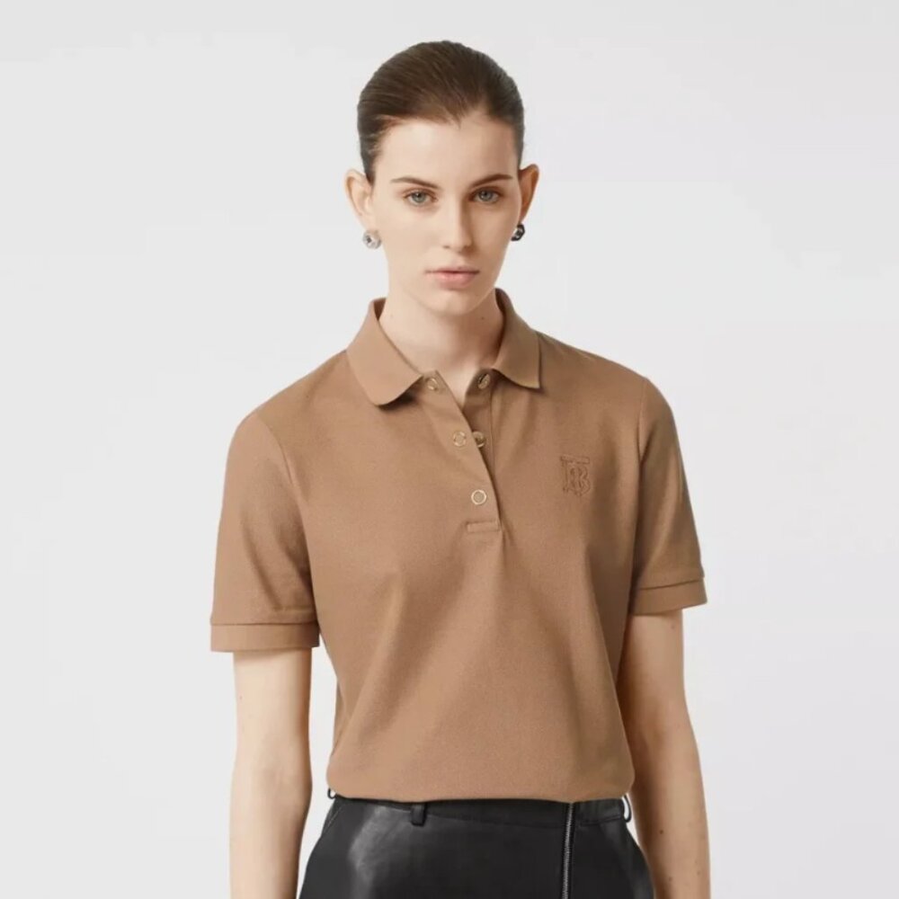 NWT Authentic  Burberry Womens Malleco Polo Shirt Monogram Motif Camel